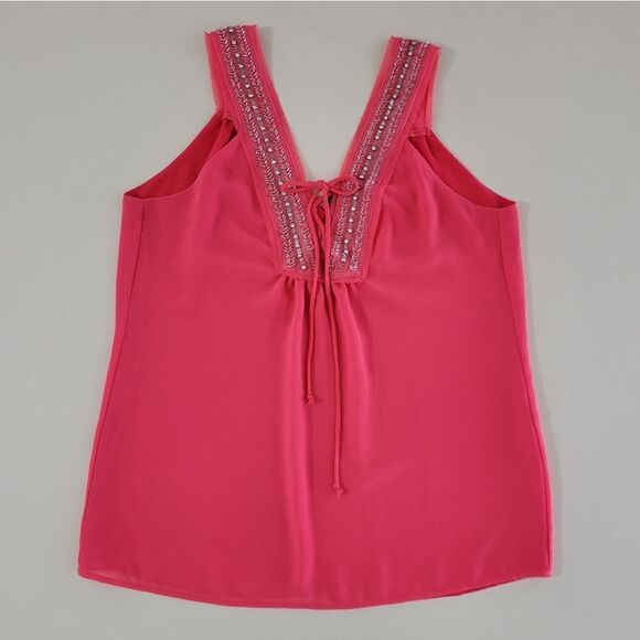 BKE Women's Deep Coral Embellished Chiffon Lined Lace-up Tank Blouse - Picture 1 of 13